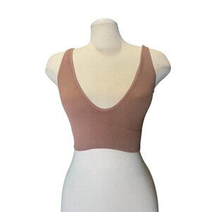 NUX Ribbed Deep V Neck Casual Ribbed Bra Sz Medium/Large Womens Beige